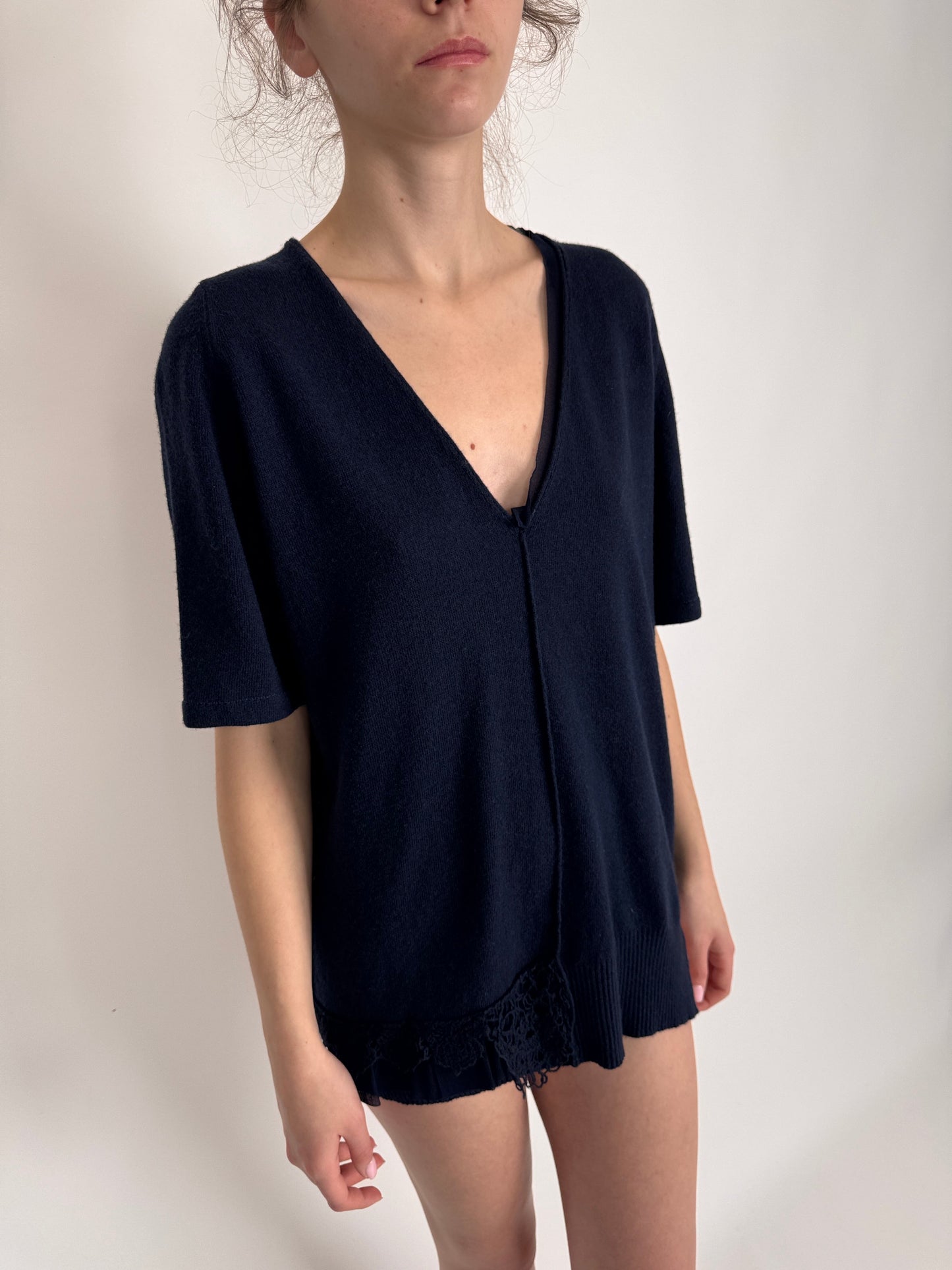 Top italian cu inserție de dantelă și mătase naturală Navy blue