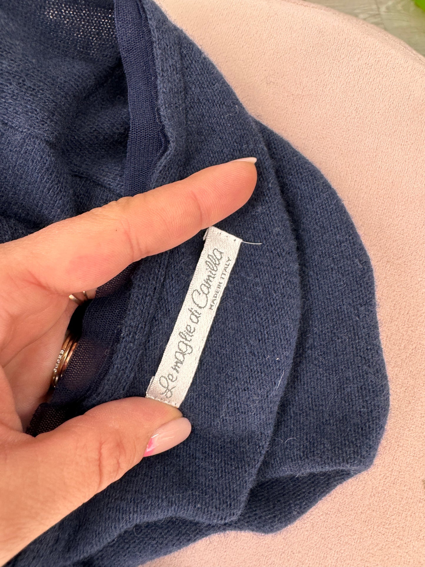 Top italian cu inserție de dantelă și mătase naturală Navy blue